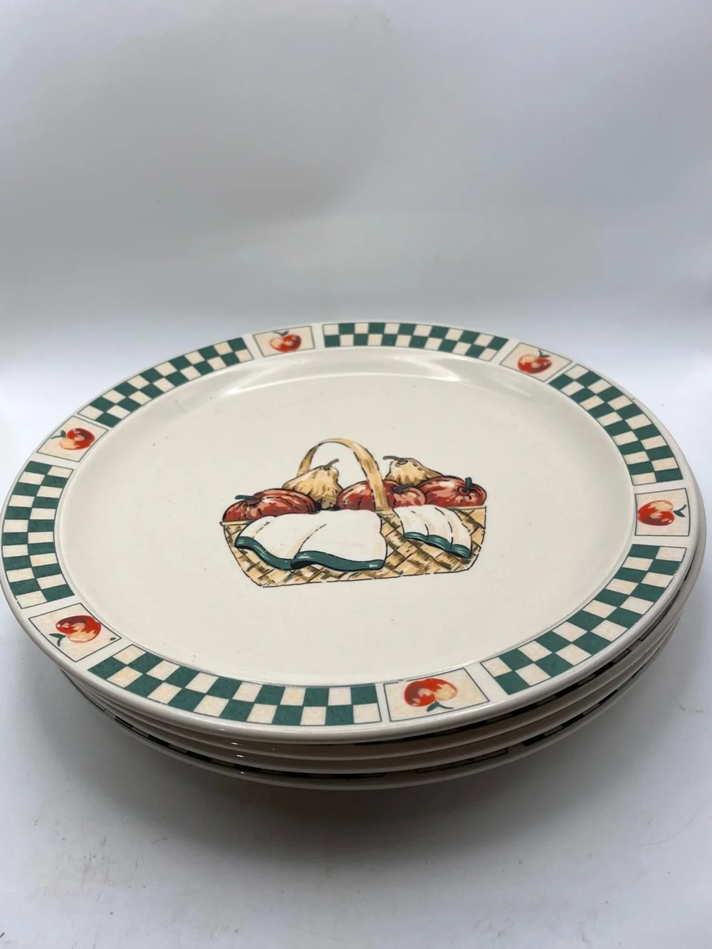 Gibson Cream Dinner Plate with Green Check Rim and Fruit Basket